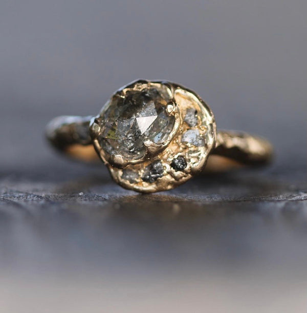 moon inspired salt & pepper diamond engagement ring in 14k yellow gold 
