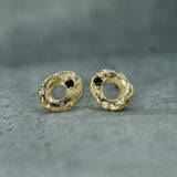 10k yellow gold swirly open oval earrings with dark blue sapphires