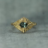 Teal Sapphire celestial ring in 14k yellow gold
