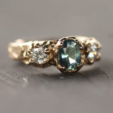 14k Yellow Gold with Teal Sapphire & Diamonds