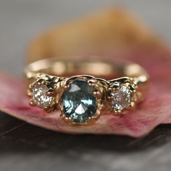 14k Yellow Gold with Teal Sapphire & Diamonds