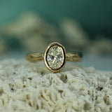 A yellow gold ring with an oval lab-grown diamond set in a bezel setting, resting on a textured white coral-like surface with a soft teal background.