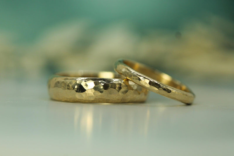 men's and women's hammered yellow gold bands 