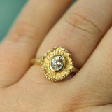 yellow gold sapphire ring on hand 