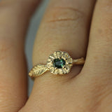 14k yellow gold leaf ring with green sapphire 