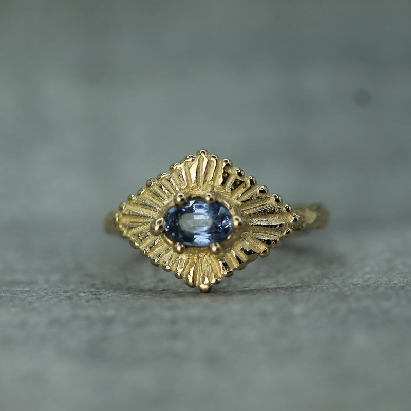 blue sapphire celestial yellow gold ring 