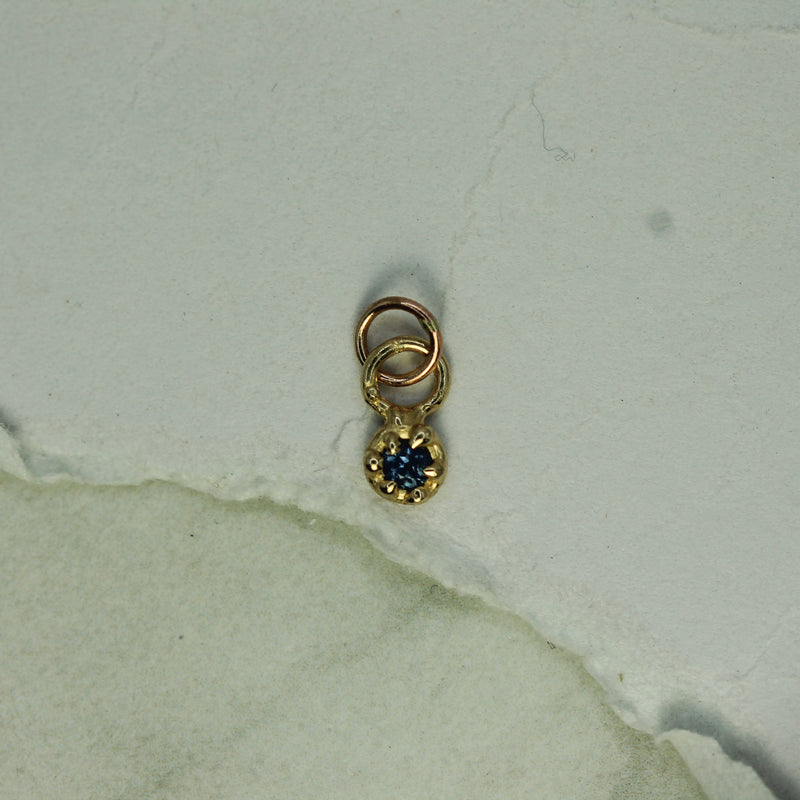 Gold charm with a blue gemstone on a textured light green background