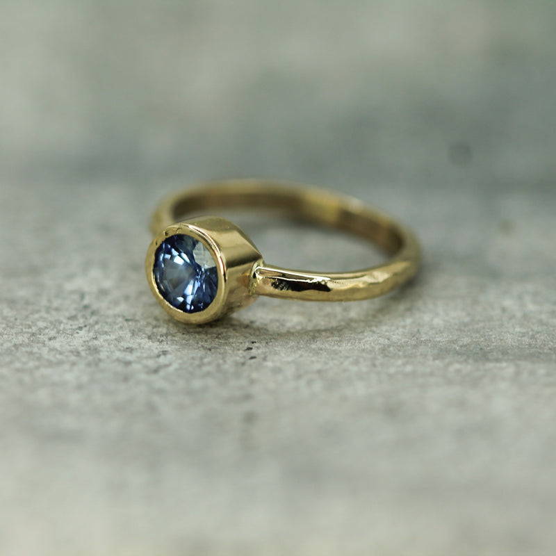 hammered yellow gold blue sapphire engagement ring 