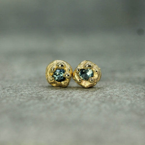 mermaid treasure blue sapphire studs in 10k yellow gold 