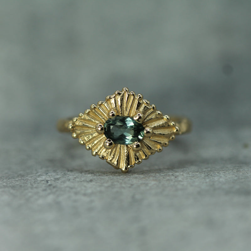 Teal Sapphire celestial ring in 14k yellow gold 