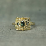 green and blue sapphires set into solid 10k yellow gold handcarved ring 